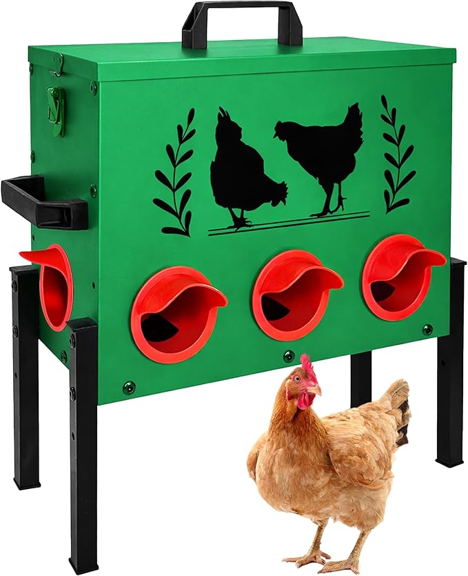 Chicken Feeders, 50 lb Capacity 8 Port Automatic Chicken Feeder, Metal Chick Feeders with Locking Lid and Legs, Chicken Feeder for Chickens, Ducks, Geese, Green