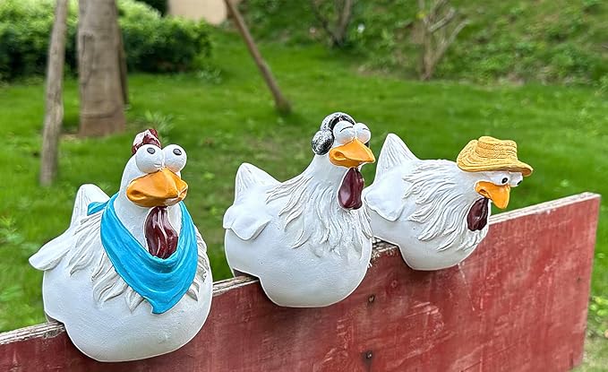 Teaeeno Chicken Fence Decoration,Funny Farm Sculpture Chicken Decor,Cute Chicken Sculpture,3 Chickens a Set,Resin Chicken Figurines,Animal Outdoor Statues for Home Garden Stairs,Farm,Patio,Backyard