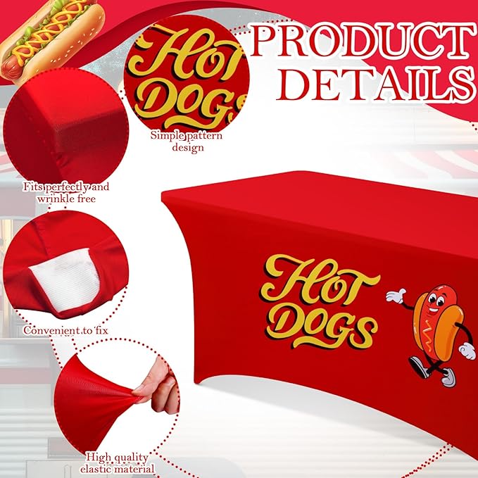 Oudain 6 ft Hot Dogs Tablecloth Stretch Spandex Hotdogs Table Cloth Cover Rectangle Table Hotdog Party Decorations for Sausage Food Hot Dog Concession Stand Supplies