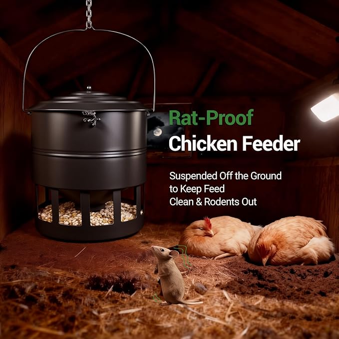 Metal Hanging Chicken Feeder No Waste, Rain-Proof Automatic Chicken Feeders, No-Spill Poultry Feeder, Rat Proof Gravity Chicken Feeder with 12 Ports for Farm & Backyard Chicken Coop