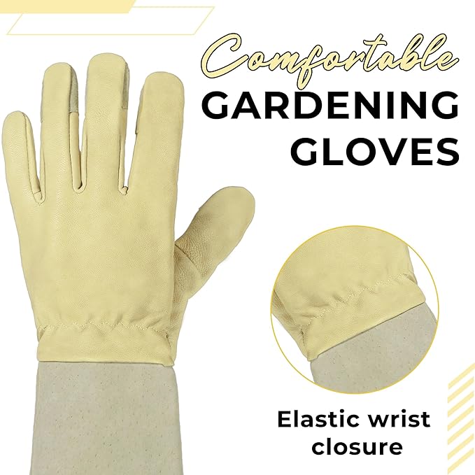 HANDLANDY Rose Pruning Gardening Gloves for Men Women, Thorn Proof Forearm Protection Leather Garden Gloves, Gardening Gifts for Gardeners (Vanilla, Large)