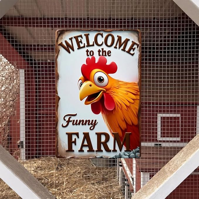 FunnySign Chicken Gifts Rooster Décor Welcome To The Funny Farm Rustic Tin Sign For Home Farm Chicken Coop Decor 8x12 Inch (9706)