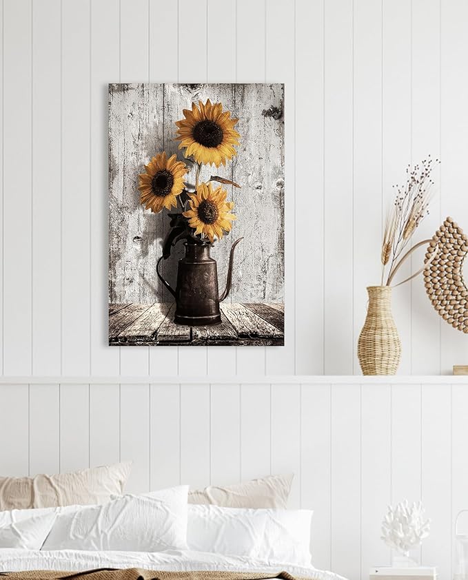 Sunflower Pictures Farmhouse Wall Art: Rustic Sunflower Paintings Canvas Wall Art for Kitchen,Yellow Sunflowers Vintage Poster Hanging Country Wall Decor for Home Living Room Bedroom 10x15 Inches