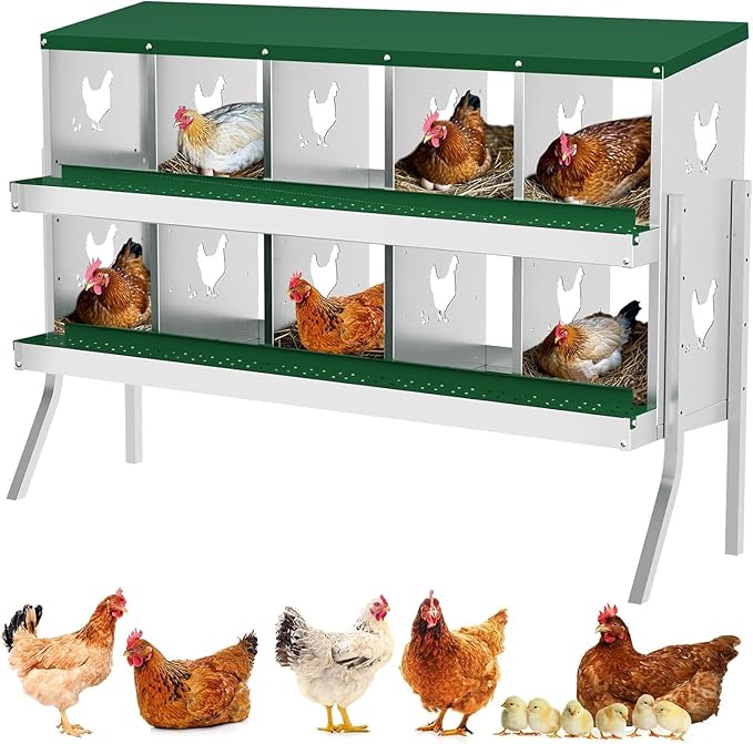 Chicken Nesting Box, Heavy-Duty Metal Chickens Laying Boxes with 10 Compartments, Large Vented Holes Hens Laying Box, Chicken Coop with Rollout Egg Collection, Bracket Legs - Green