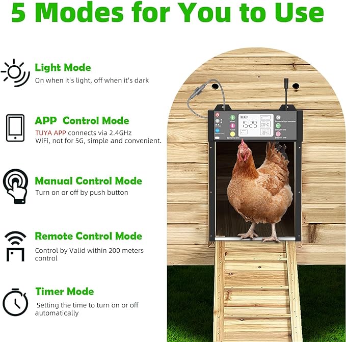 Automatic Chicken Coop Door, Tuya App Remote Control, Door Status Detection, WiFi Reconnection, Auto Chicken Door Solar with Light Sensor, Timer, Anti-Pinch, 4000 mAh Battery, LCD Displayer