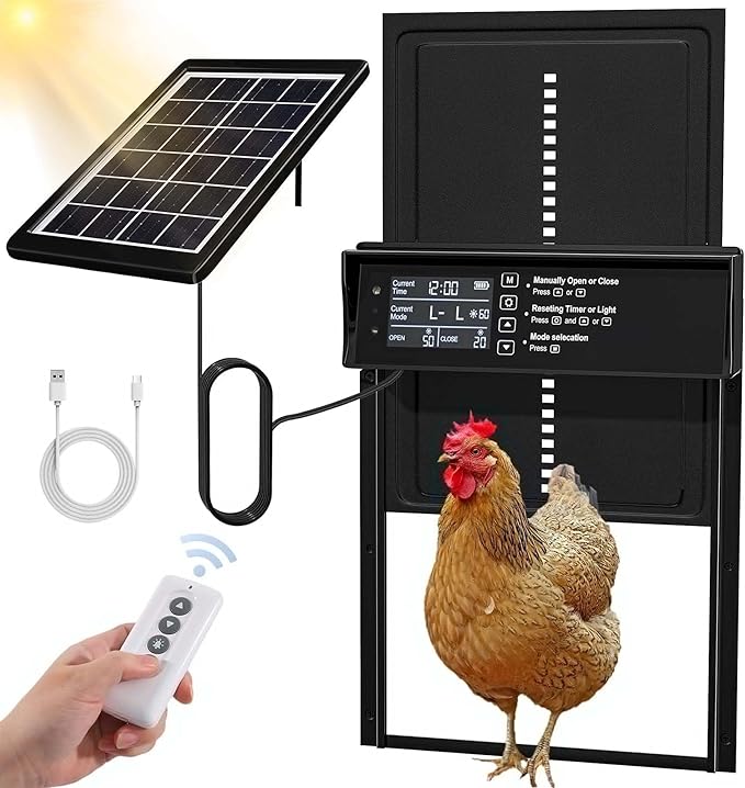 Waterproof Aluminum Alloy Solar Chicken House Door|Automatic Chicken Coop Door with Remote Control|Light Sensor|Solar Powered