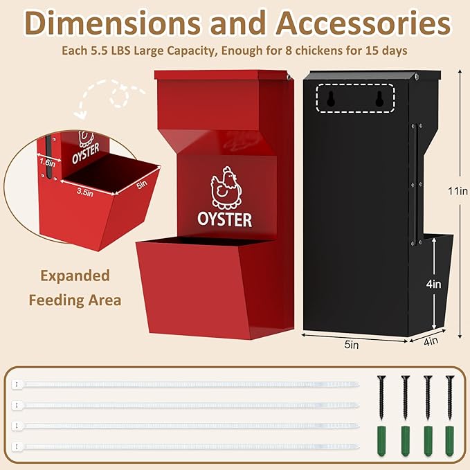 2 Pack Chicken Oyster Shell Feeder and Grit Feeder, Large Hanging Metal Chicken Feeder with Lid, Automatic Gravity Poultry Chicken Feeder No Waste, Chicken Coop Accessories