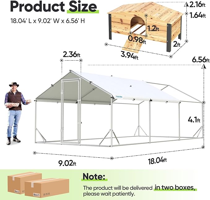 Quictent Large Metal Chicken Coop Run for 30+ Poultry with Nesting Box, Side Hardware Cloth & Cover, Advanced Series Outdoor Walk-in Cage Hen Duck Rabbit Dog Pen Yard Farm House, 18x9x6.6FT