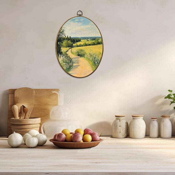 CUANFDDSF Vintage Country Landscape Oval Wall Art Decor, Farmhouse Countryside Wall Hanging Decor, Rustic Natural Cottagecore Scene Framed Canvas Prints for Home Bedroom Living Room, 8.6x11.4 Inch