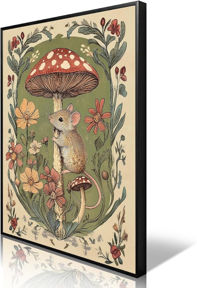 Nursery Animal Canvas Wall Art, Mouse and Toadstool Poster, Rustic Mushroom Mouse Painting, Cozy Folk Art Prints, Countryside Botanical Floral Painting for Kids Room 16x24in Unframed