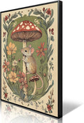 Nursery Animal Canvas Wall Art, Mouse and Toadstool Poster, Rustic Mushroom Mouse Painting, Cozy Folk Art Prints, Countryside Botanical Floral Painting for Kids Room 16x24in Wrapped Canvas