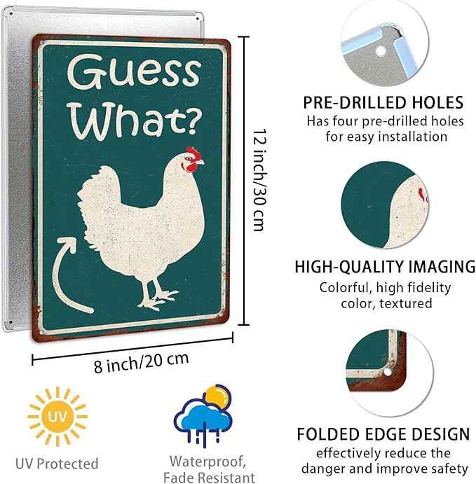 Guess What Funny Chicken Coop Tin Sign, Chicken Butt Poster, Farmhouse Kitchen Wall Art, Coop Accessories, Home Decor 8x12 Inch