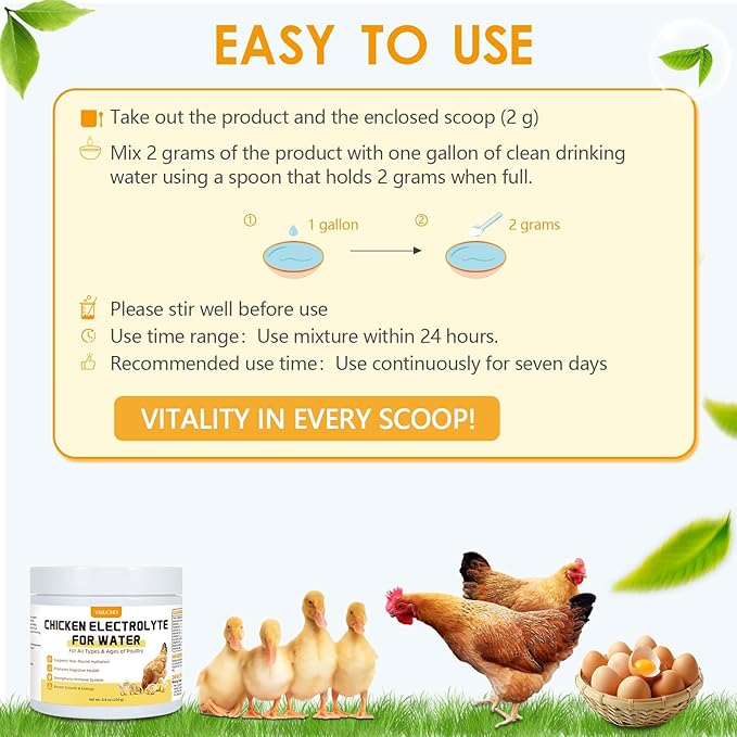 Yakucho Chicken Electrolytes for Water, Poultry Vitamins with Probiotics, Hydration, Immunity & Digestive Support, for Chicks, Adult Birds, Chickens, Ducks & Turkeys, 8.8oz Chicken Supplement Powder