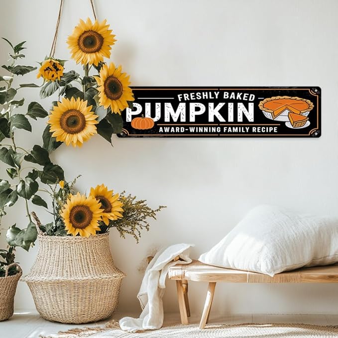 Rustic Freshly Baked Pumpkin Metal Sign - Autumn Pumpkins Pie Decorative Sign - 16x4 Inch, Vintage Style Sign for Kitchen, Cafe, Bar, Porch, Farmhouse Decor, Thanksgiving Day Decor