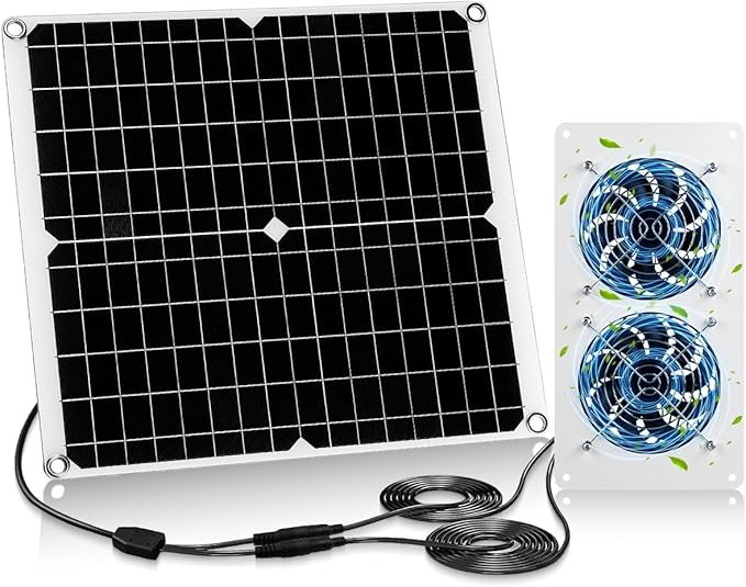 30W Dual Solar Fan Kit for Outside Greenhouse Shed Chicken Coop, IPX7 Waterproof Solar Panel Fan kit with 9.8 FT Power Cord, PV Powerd Cooling Fan for Pet House