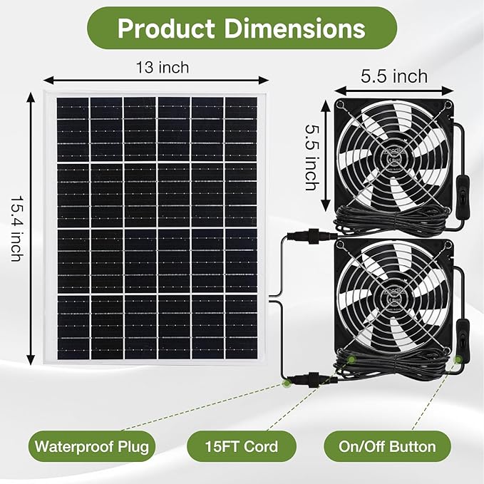 5.5" Waterproofed Solar Powered 2 Fan Kits for Outdoor Chicken Coop, Greenhouse, Shed, Pet House Intake or Exhaust Air Circulation