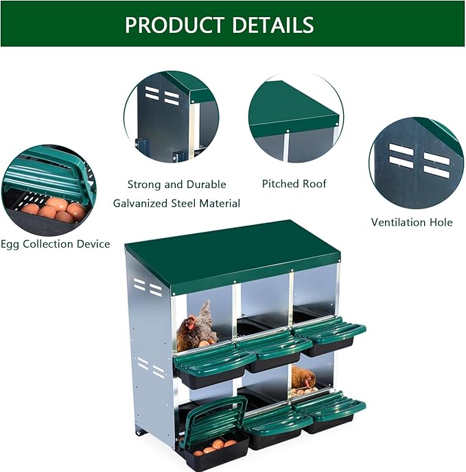 Chicken Nesting Boxes, 8 Holes Metal Chicken Egg Laying Box with Swing Perch and Rollout Egg Collection,for Various Chicken Breeds with Stand - Green 0.7mm
