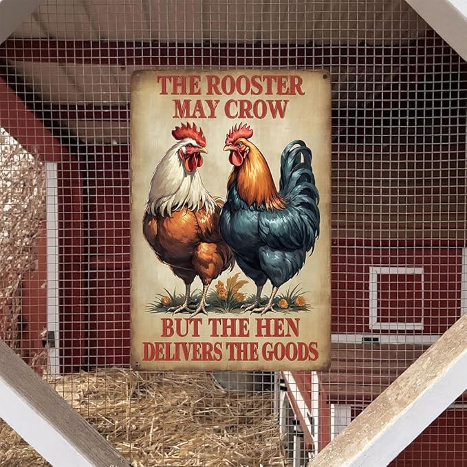 FunnySign Chicken Gifts Rooster Décor The Rooster May Crow But The Hen Delivers The Goods Rustic Tin Sign For Home Farm Chicken Coop Decor 8x12 Inch (9715)