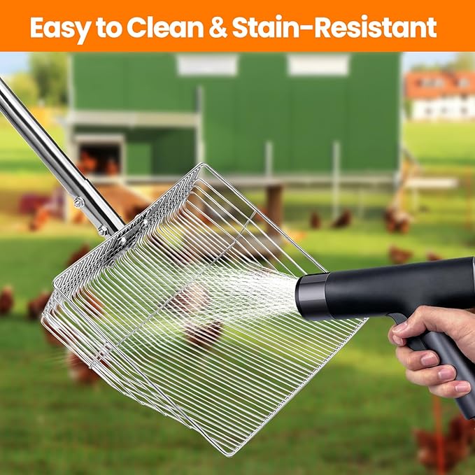12 inch Chicken Poop Scooper, 4 in 1 Adjustable Chicken Coop Pooper Shovel (24 to 68"), Stainless Steel Sifting Litter Shovel Scoop for Chicken Coop/Goat Stall/Stable Cleaning
