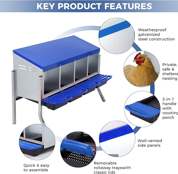 Chicken Nesting Box, 3-Hole Wall Mount Metal Chicken Nesting Box with Rollout Egg Collection & Easy-Clean Pull Out Tray, Roll Away Hen Roosting Boxes