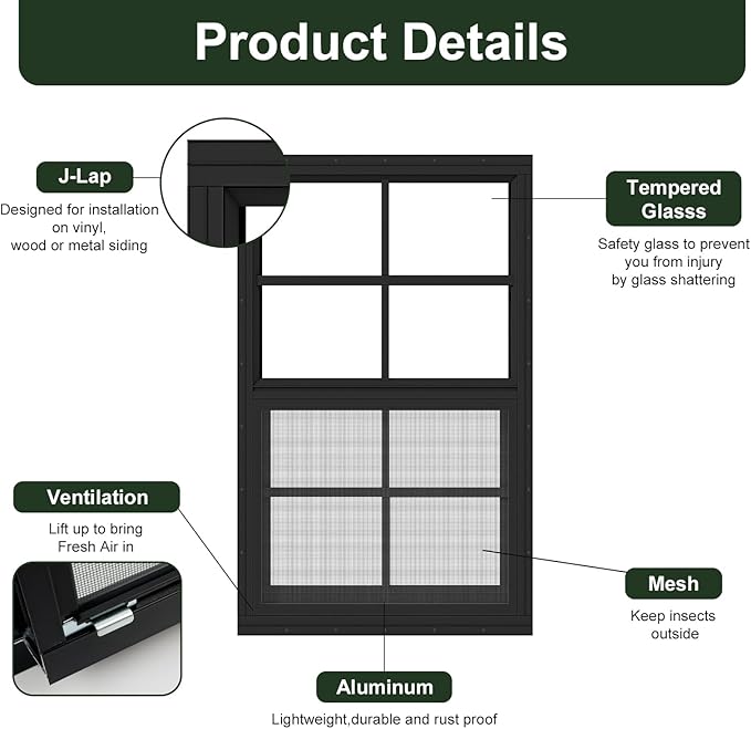 1 Pack Black Shed Window 14" x 21" Flush Mount Window with Tempered Glass and Fiberglass Screen for Chicken Coop Sheds Barns Playhouse
