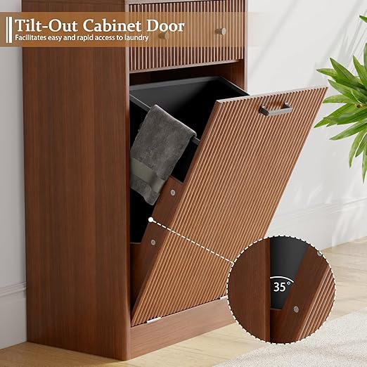 Single 10 Gallon Wood Grain Tilt-Down Trash Can Cabinet with Storage Drawer,Wood Grooved Recycling Cabinet with Wave Texture Hidden Pull-Out Trash Can for Kitchen,Bathroom (Trash Can Cabinet-Walnut)