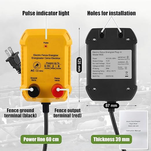 Electric Fence for Preventing Animals Intruding 2 Mile 110VAC 0.15 Joule Electric Plug in Fence, 50 Black Insulator and 1 Socket Tool 250ft Aluminum Wire for Animals and Keep Out Predators
