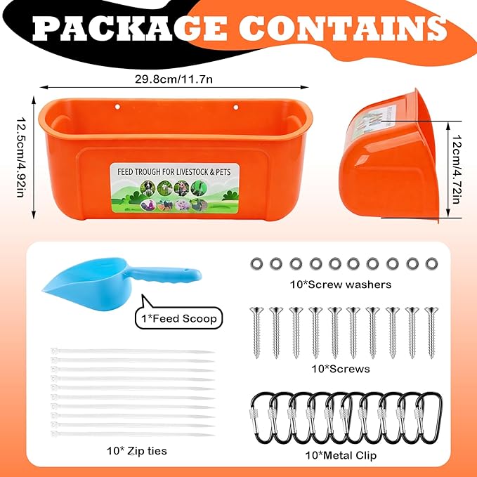 5 Pack Chicken Feeder, Duck Feeder Supplies, Hanging Fence Feed Trough with Clips for Goat, Sheeple, Piglet, Gooses, Turkeys, Dog Livestock Poultry, 8 Quarts in Total, Feed Scoop Included, Orange