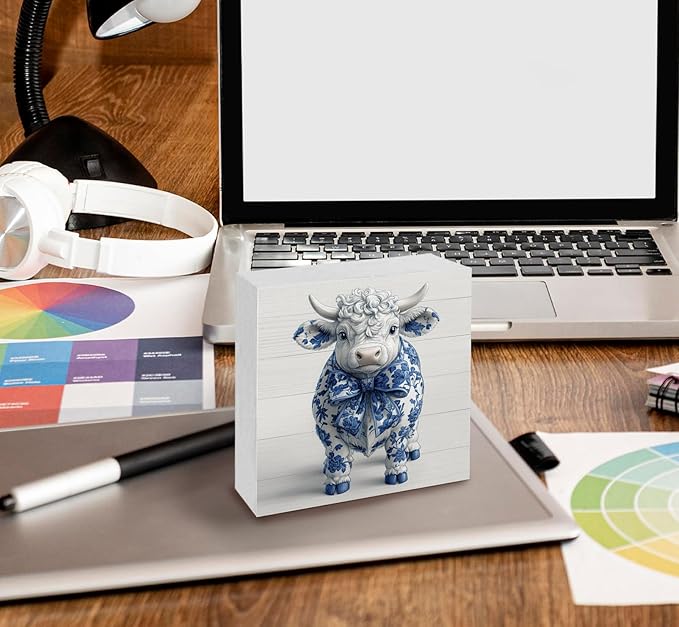 Blue and White Chinoiserie Cow Wooden Signs, Grand Millenial Bow Blue Cow Floral Home Decor Signs, Chinoiserie Porcelain Desk Decorations, Farmhouse Animal Office Kitchen Bathroom Decor