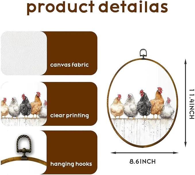 zewepri Chicken Wall Art, Farmhouse Decor – 8.6×11.4 Inches High-Density Canvas with Pre-Installed Hook for Easy Hanging, Ideal for Bedroom, Living Room, Study, or Gift for Art Lovers