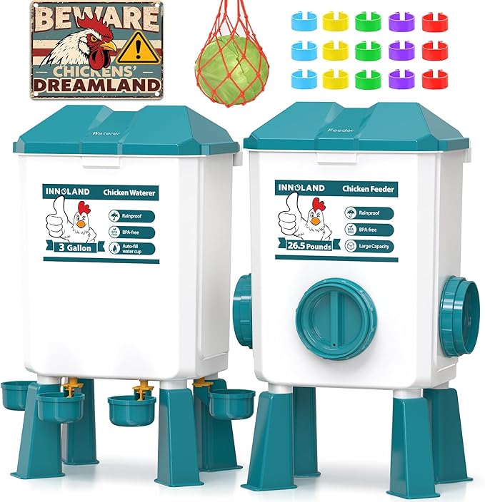 Chicken Feeder and Waterer Set - 3 Gallon/26.5 Pounds, Automatic Chicken Waterer with 4 Cups & 3 Feeder Ports, No Waste Poultry Feeders & Waterers, Chicken Coop Accessories for Hens/Ducks/Poultry