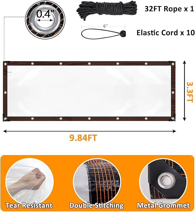 3.3 x 10 FT Waterproof Chicken Coop Cover for Winter, Durable Easy Install Chicken Run Tarp with Rope & Cable Tie, Chicken Coop Insulation Windproof Winterizing Cover for Large Cage Walk-in Run