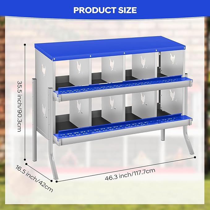 8-Hole Chicken Nesting Box, Rustproof Galvanized Steel, Wall-Mounted Metal Laying Box for Hens, Easy Egg Collection & Cleaning, Roll Away Nest Boxes - Blue