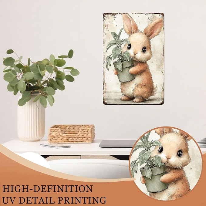 Easter bunny Tin Sign metal plaque Vintage bunny art gift for garden bedroom living room kitchen wall decoration 8X12Inch