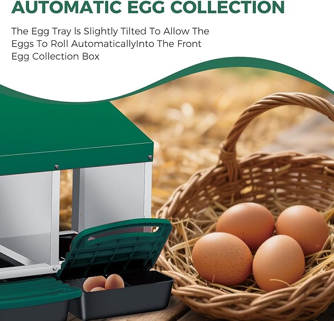 Chicken Nesting Boxes with Rollout Egg Collection – 3-Compartment Metal Hen Nest Box with Removable Trays, Slanted Roof & Ventilation, Wall Mount or Standing for Backyard Poultry Coop, Green