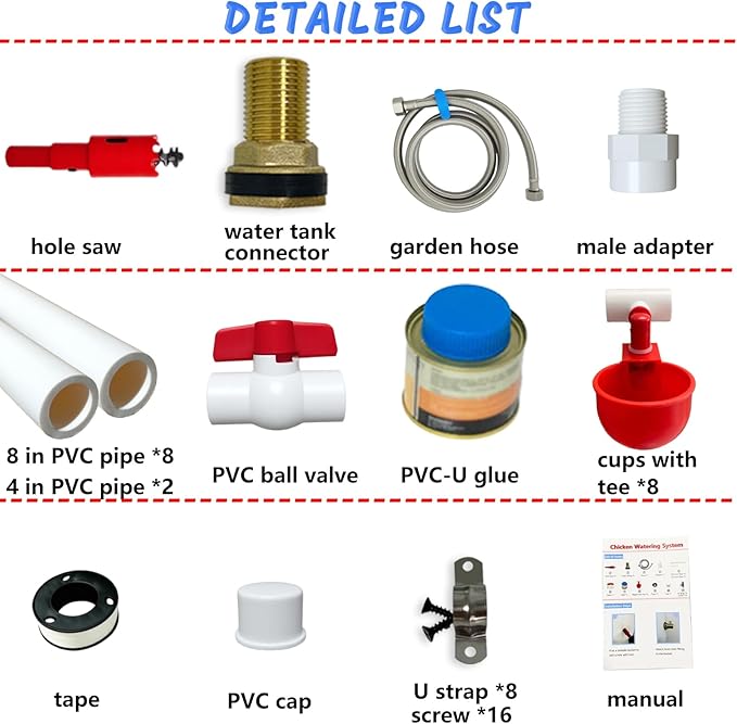Automatic Chicken Watering System with 1/2" PVC Pipe and Chicken Waterer Cups, Stainless Steel Hose, Leak-Proof and Easy-Assembly Chicken Waterer Feeder Kit for Coops