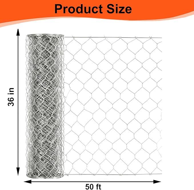 Wire Mesh Roll for Poultry Cages 36IN x50FT- Heavy Duty Fencing Net for Farm Garden Animal Plant Protection, Chicken Wire Fence, Easy to Install Fencing for Rabbits, Birds, Vegetables (Hexagon)