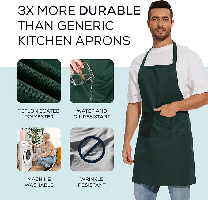 Will Well Kitchen Apron for Men and Women - 33" x 27" Oil-and-Water-Resistant with Adjustable Neck Strap and 38" Waist Ties for a Snug Fit, Lightweight with 2 Front Pockets - 1-Pack, Green