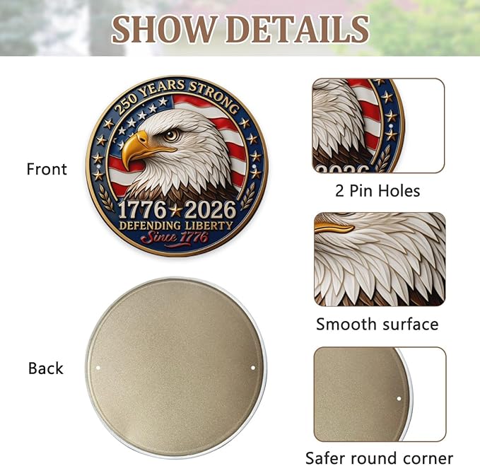 United States 250th Anniversary Metal Sign, 250th Anniversary USA Round Metal Signs for Home Decor, 250 Patriotic American Wall Signs Yard Signs, Gift for US Citizens, Patriotic Collectors