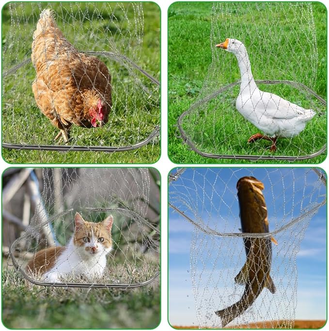 Chicken Catching Net, 32" to 80" 201 Stainless Steel Poultry Catcher Adjustable Handle with Animal Capture Net for Catching Chicken, Ducks, Bird, Dog, Cat, Fish (Included 2 Nets, 1 Pole)