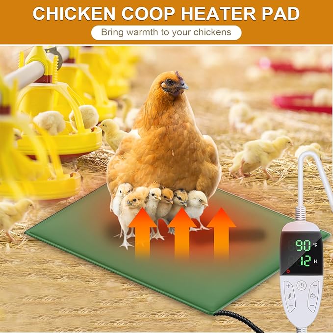 Chicken Heating Pad Chick Brooder Pad Poultry Heated Mat Adjustable Digital Thermostat Brood Heater Blanket with Timer Anti Bite Warmer Bed for Small Animal Pet 11.7 x 15.7 in Green