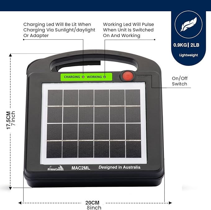 Solar Powered Electric Fence Charger 0.2 Joules Adjustable Voltage (6-9KV) with Lithium Battery Energizer Containment & Protection of Livestock Horses Cattle Sheep Pets Easy Install