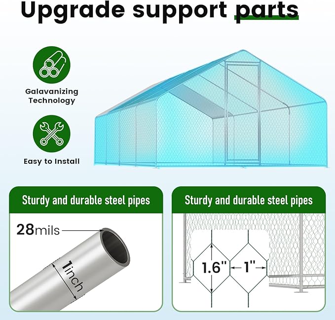 Large Metal Chicken Coop (26' L x 9.8 W x 6.5' H) Walk-in Chicken Run Cages with Waterproof and Anti-Ultraviolet Cover for Outside Spire Top
