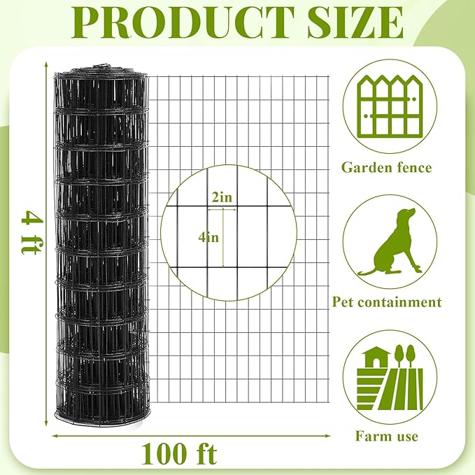 Gisafai 48in x 100ft Welded Wire Fence, 2 Inch x 4 Inch 16 GA, Galvanized Metal Garden Fence Roll Wire Mesh Netting for Goat Deer Cattle Animal Enclosures and Yard Vegetable Plant Protection,Black