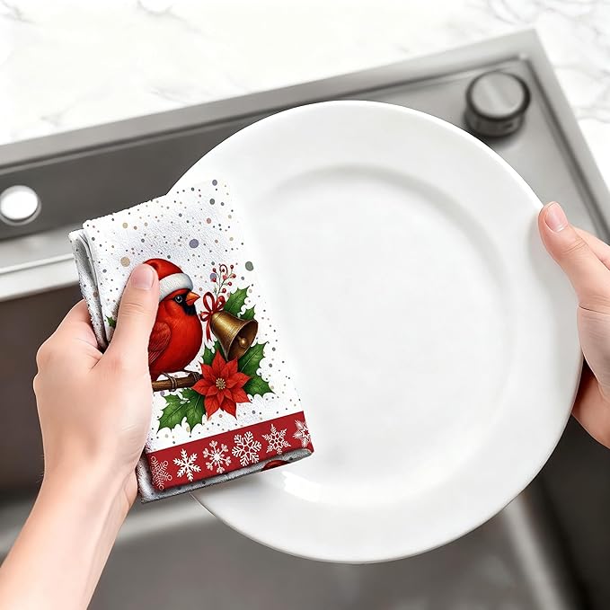 Christmas Kitchen Towels, Cardinal Winter Kitchen Decor Dish Towels Set Of 4, Cardinal Gifts for Women Friends Mom Wife, Absorbent Holiday Tea & Hand Towel Dish Cloths for Drying Baking Cooking