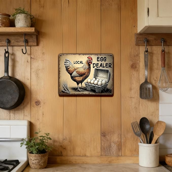 Local Egg Dealer Metal Tin Sign Funny Chicken Gifts for Home Farm Chicken Coop Farmhouse Vintage Farm Fresh Eggs Metal Wall Art Kicthen Garden Decor 12x8 Inch