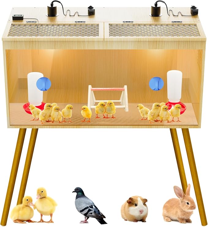 Brooder Box For Chicks, 32 Inch Large Wooden Chicken Brooder Box With Legs, 75W Heat Lamps, Thermometer, Chicken Feeder & Waterer Set, Tin Foil, Ideal For 12-15 Chicks Ducks Quail, Large(Legs)