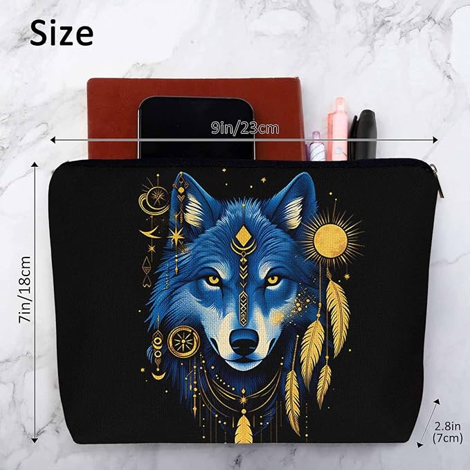 Wolf Makeup Bags Makeup Organizer, Native American Style Wolf Feather Flax Toiletry Bags Travel Cosmetic Bag Makeup Purse Pouch Skincare Bag Wallet Bags For Women Female Mom Daughter, Blue