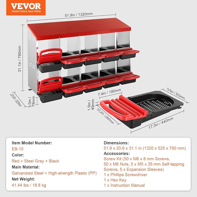 VEVOR Chicken Nest Box, 10-Compartment, 30 to 45 in Stable & Corrosion-Resistant Mental Nesting Boxes with Inclined Nesting Boxes, Bottom Holes & Resting Platform, Fit for Different Chicken Breeds