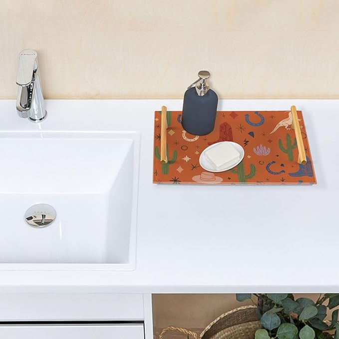 Bathroom Vanity Tray Counter Organizer, Western Desert Elements Pattern Decorative Tray with Handles Countertop Storage for Bathroom Bedroom Kitchen Home Farmhouse